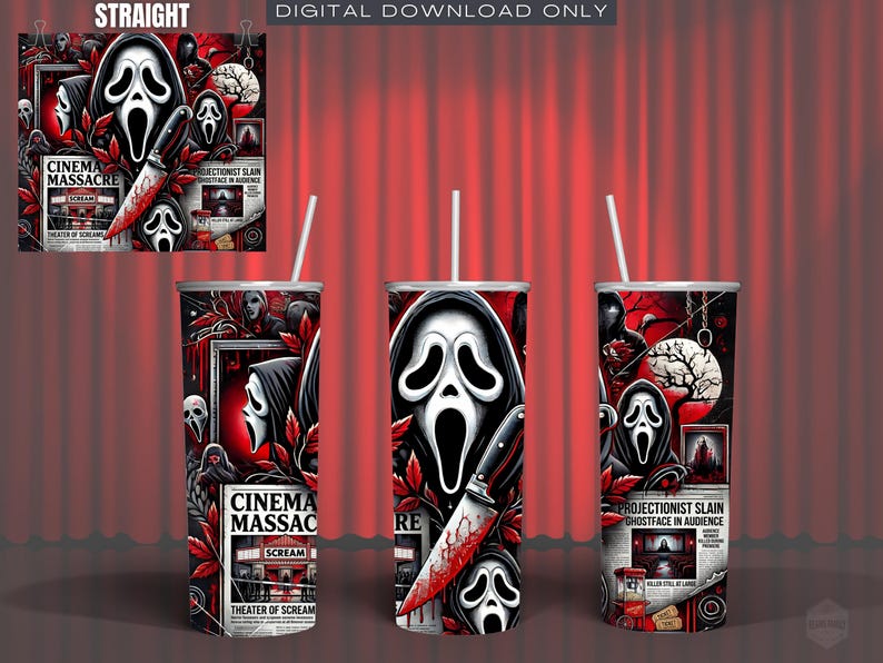 Halloween Tumbler Sublimation Design: Spooky Ghostface Scream Newspaper Wrap (Digital Download)