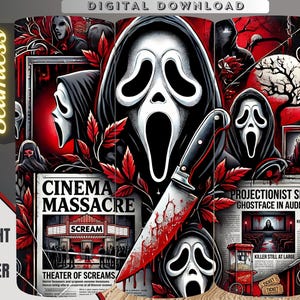 Halloween Tumbler Sublimation Design: Spooky Ghostface Scream Newspaper Wrap (Digital Download)
