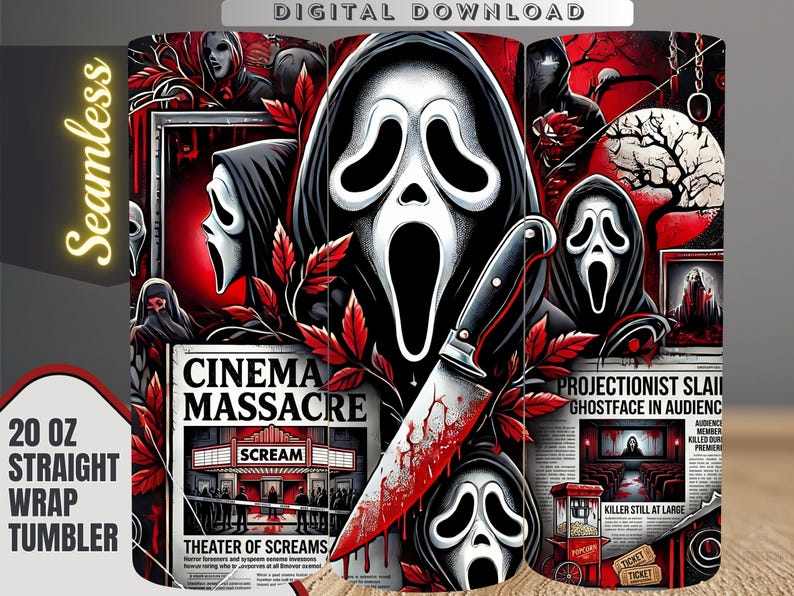 Halloween Tumbler Sublimation Design: Spooky Ghostface Scream Newspaper Wrap (Digital Download)