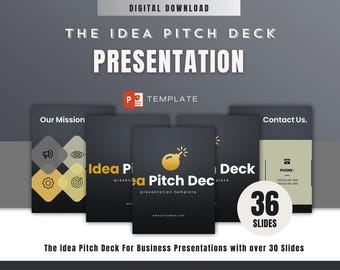 May include: A digital download for a PowerPoint presentation template called "The Idea Pitch Deck". The template features 36 slides and includes icons, such as a lightbulb, a gear, and a target. The template is designed for business presentations.