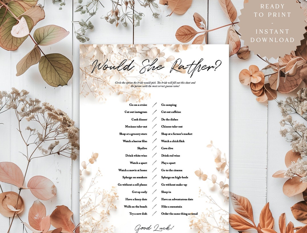 Would She Rather Printable Bridal Shower Game Modern Wedding Would ...