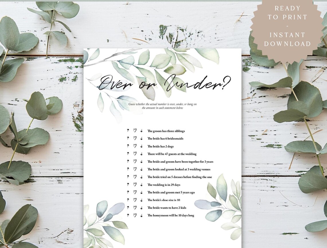 Over or Under Printable Bridal Shower Game Modern Wedding Over or Under ...