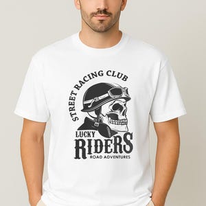 Street Racing Club Lucky Riders T-Shirt – Skull Biker Graphic Tee – Vintage Motorcycle Road Adventure Shirt – Men’s Biker Streetwear