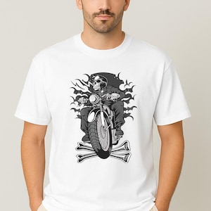 Skull Rider Motorcycle T-Shirt – Biker Skeleton Graphic Tee – Gothic Streetwear Shirt – Rock Punk Motorbike Clothing for Men & Women