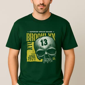 Brooklyn Skull Graphic T-Shirt – Vintage Yellow Skull Print, Edgy Urban Streetwear Tee for Men Women, Punk Gothic Biker Style - Gift For Him