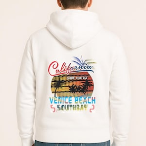 California Venice Beach Hoodie, Surf Contest Sunset Graphic Sweatshirt, Retro Palm Tree Pullover, Men’s Coastal Streetwear Top, Gift For Him