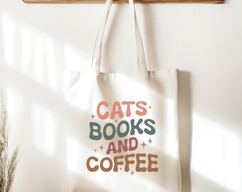 Einkaufstasche für Buchliebhaber, Katzen Bücher und Kaffee, Einkaufstasche für Buchliebhaber, Einkaufstasche für Bücherwurm, Einkaufstasche für Buchliebhaber