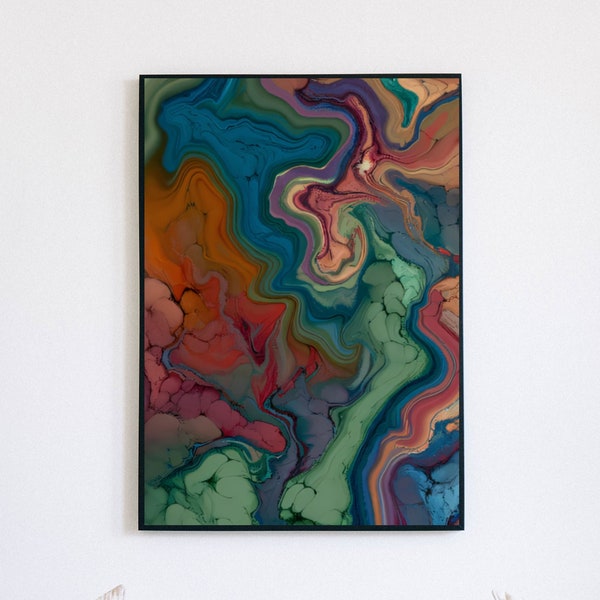Bunt marmorierte Eleganz - Psychedelischer abstrakter Druck - Fluid Art Digital Painting - Lebendiges Haus Dekor Download - Druck in 4 Größen