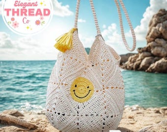 May include: A white crochet tote bag with a yellow smiley face design. The bag has a yellow tassel and is on a sandy beach with blue water in the background. The text "Elegant Thread Co." is in a pink circle in the top left corner of the image. The text "PDF File" is in the bottom right corner of the image.