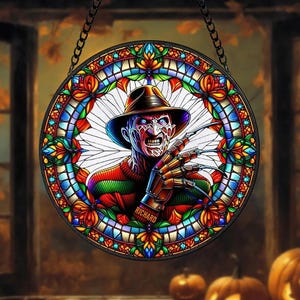 Freddy Krueger Stained Glass Suncatcher, Horror Movie Window Decor, Nightmare Halloween Ornament, Creepy Spooky Gift for Horror Fans