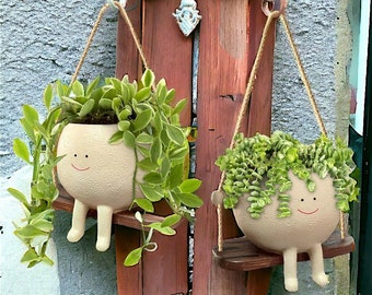 Swinging Cute Face Plant Pot With Twine Rope • Hanging Planter Home Decoration For Indoor Spaces & Outdoor Gardens • Resin Wall Hanger