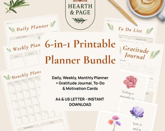 Minimalistiskt planerarpaket: Daglig, veckovis, månadsvis, tacksamhetsdagbok; att-lista och motivationskort (utskrivbar PDF A4/US Letter-storlek)