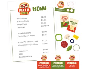 Puede incluir: Un menú colorido para una pizzería con un logotipo de pizza de dibujos animados. El menú enumera los precios de las pizzas pequeñas, medianas y grandes, así como los ingredientes, los palitos de pan, el pan de ajo y queso, la pizza de postre de pastel de manzana, la pizza de azúcar de canela, la limonada, la leche y las bebidas de fuente. También hay tres cupones para ingredientes gratis, una bebida gratis y un 50% de descuento en un artículo.