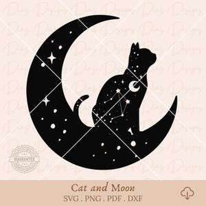 Chat de lune svg, silhouette de chat étoiles clipart, fichier de découpe de lune mystique, lune céleste cricut, chat magique png, vecteur de contour de chat.
