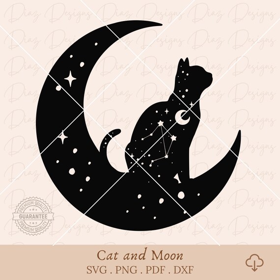 猫の月 SVG、猫のシルエットの星のクリップアート、神秘的な月のカット