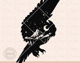 May include: Black silhouette of an owl with a mountain range inside its wings. The owl is flying with its wings spread wide. The mountain range is filled with stars and a crescent moon.