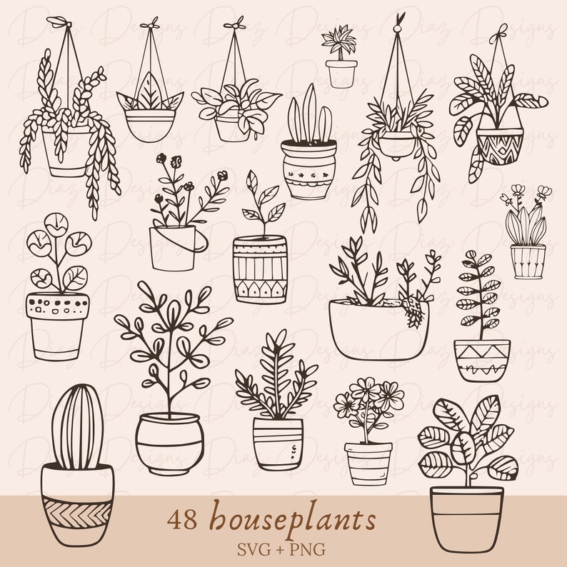 May include: A set of 48 black and white line drawings of various houseplants in pots. The plants are drawn in a simple, stylized way, and the pots are decorated with different patterns. The image includes the text "48 houseplants SVG + PNG".