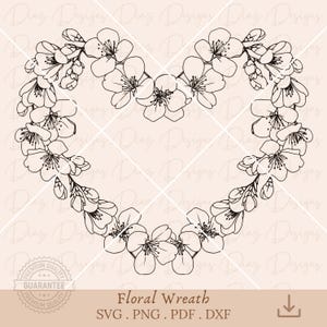 Hartbloemframe svg, bloemenframe png, kersenbloesemkrans clipart, kersenbloesemframe snijbestand, cricut bloemenmonogram, hartkrans svg.