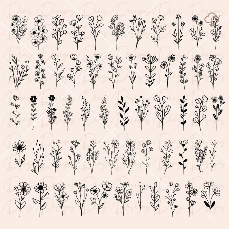 May include: A set of 48 black and white line art floral illustrations. The illustrations feature various types of flowers, leaves, and stems. The illustrations are simple and elegant, and they would be perfect for use in a variety of projects, such as invitations, cards, and scrapbooking.