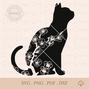 Florale Katzensilhouette SVG, Kirschblütenkatze Umriss SVG, japanische Katzen Clipart, schwarze Katze Vektor, Katzenliebhaber Cricut, schwarze Katze Clipart.
