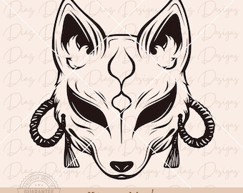 Kitsune mask svg, japanese mask svg, japanese fox clipart, fox mask cut file, yokai svg, japanese tattoo svg, floral fox svg, kitsune cricut