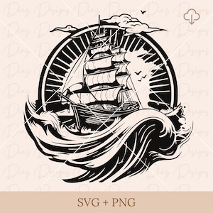 Silhouette di nave pirata in formato svg, clipart di barca a vela pirata, file di taglio di barca a vela, clipart di nave a vela pirata, png di barca a vela, svg di onda del mare.