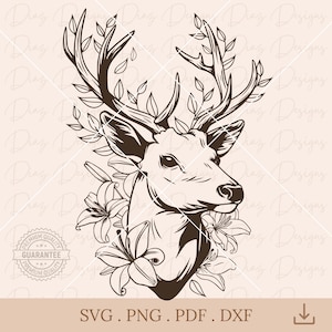 Ciervo floral png, cabeza ciervo clipart, cabeza ciervo cricut, archivo corte ciervo, caza ciervo svg, cuerno ciervo svg, flores ciervo svg.