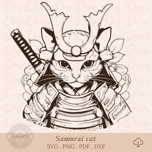 Diseño gato samurai svg, guerrero samurai png, archivo de corte gato samurai japones, animal samurai clipart, imagenes prediseñadas samurai