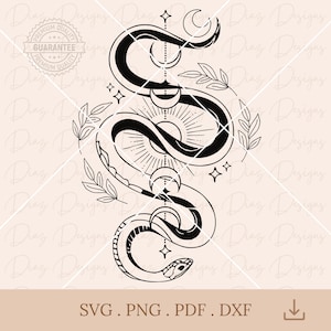 Cobra mística svg, clipart de cobra celestial, réptil svg, fase da lua png, desenho de tatuagem de cobra svg, flores de cobra cricut.