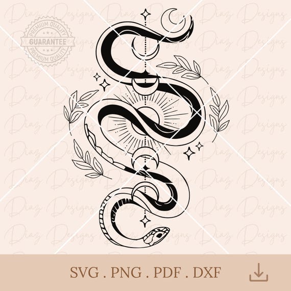 Serpiente mística svg, serpiente celestial clipart, reptil svg, fase lunar png, diseño serpiente tatuaje svg, serpiente flores cricut.