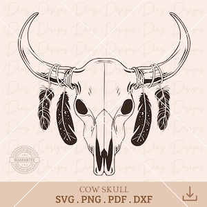 Plumes de crâne de vache svg, crâne de taureau cactus svg, vache du désert svg, crâne de vache clipart, longues cornes png, crâne du vieil ouest cricut.