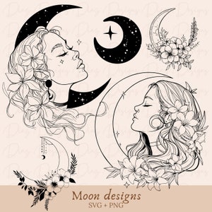 donna luna mistica svg, luna floreale svg, donna fiore svg, file di taglio clipart donna, luna celeste svg, design clipart tatuaggio luna.