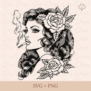 Pin-up vrouw svg, traditionele tatoeage vrouw png, meisjestatoeage flash clipart, old school tatoeage svg, retro vrouw png, getatoeëerd meisje svg.