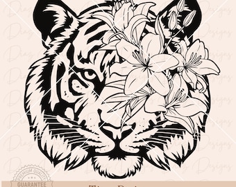 Floral tiger face svg, tiger flower head svg, tiger tattoo cut file, floral tiger cricut, tiger clipart, flower tiger png, tiger vector.