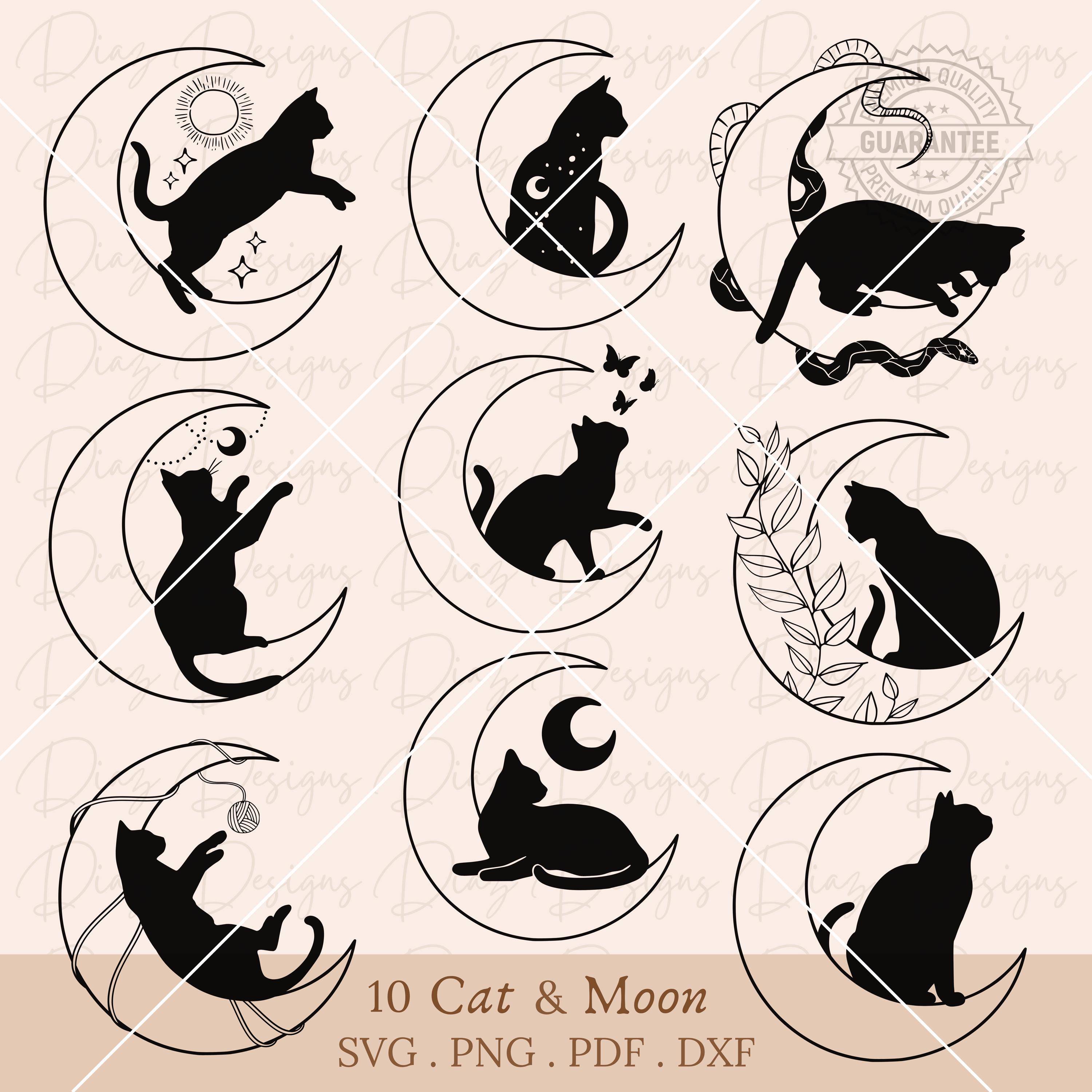 猫のシルエットの月のSVG、黒猫の星のクリップアート、神秘的な月の