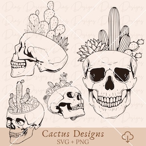 Crâne de cactus svg, clipart de cactus, crâne floral, plantes de cactus png, clipart de pot de cactus, fichier de découpe de crâne, dessin de cactus cricut.