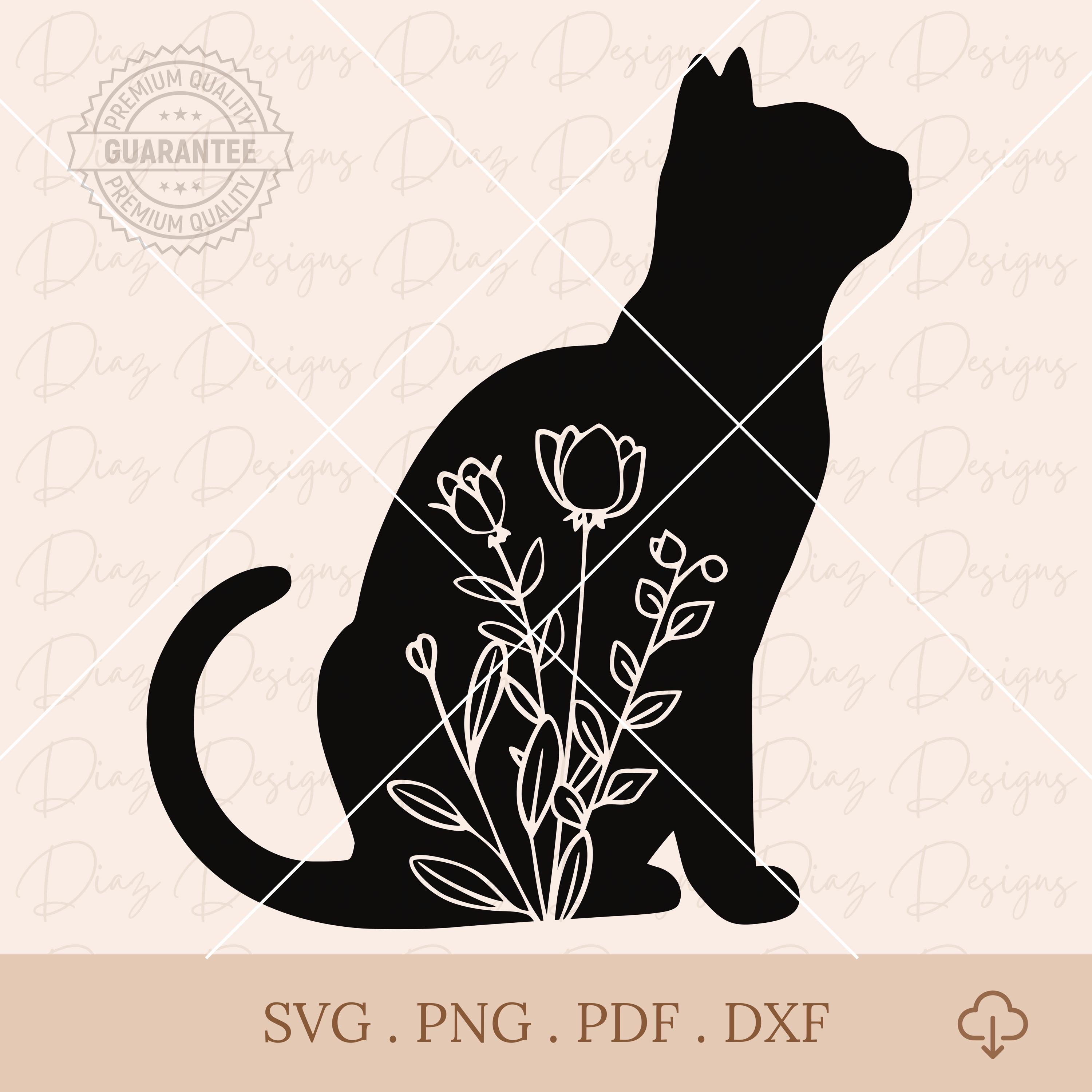花柄の猫のシルエット SVG、猫の花のアウトライン SVG、座っている猫の