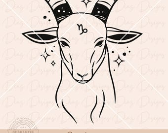May include: Black and white line art illustration of a Capricorn zodiac sign, featuring a goat with horns and stars. The sign is labeled with the astrological symbol for Capricorn.