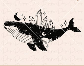 神秘的なクジラのデザインSVG、魔女のクジラPNG、天上のクジラのカット