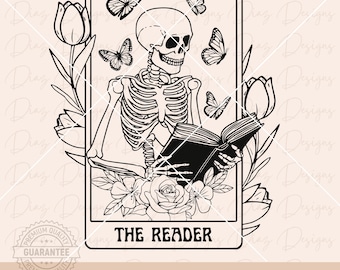 Skeleton reading clipart, skull reader tarot card svg, tarot book lover svg, floral skeleton book club vector, bookish cut file, library png