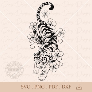 Tigre japones flores cerezo svg, tigre tatuaje sakura png, cricut tigre, tigre clipart, tigre nubes japonesas svg, tigre oriental cricut.