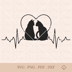 Silhouette de couple de chats svg, battement de cœur de chat png, deux chats chéris svg, silhouette de chat noir cricut, clipart amoureux des chats, fichier de découpe de chat.