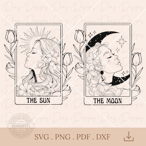 Carta tarot sol svg, archivo de corte tarot luna, diseño tarot luna png clipart, carta magica svg, bruja png, mistico png, celestial vector.