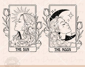 Carta tarot sol svg, archivo de corte tarot luna, diseño tarot luna png clipart, carta magica svg, bruja png, mistico png, celestial vector.