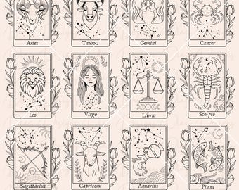 May include: A set of twelve black and white zodiac sign illustrations on rectangular cards. Each card features a zodiac symbol, constellation, and name, surrounded by floral elements. The bottom of the image includes the text "SVG.PNG.PDF.DXF".