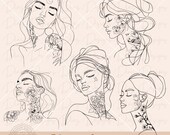Mujer arte linea flores svg, chica tatuada dibujo lineal png, mujer linea continua png, tatuaje mujer floral cricut, silueta femenina png.