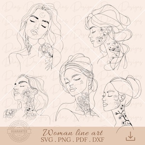Donna linea arte fiori in formato SVG, ragazza tatuata disegno a tratteggio png, donna linea continua png, tatuaggio donna floreale cricut, silhouette femminile png.