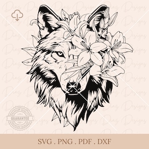 Floral wolf clipart, wolf head png, wolf cricut, wolf flowers cut file, wolves svg, wild wolf vector, wolf png, wolf face cricut, wolf svg