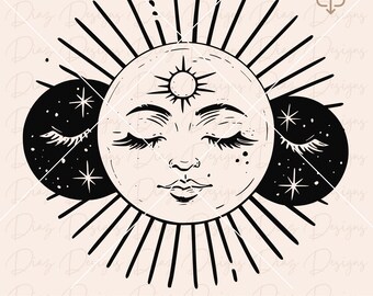 Mystical moon svg, celestial moon clipart, boho moon cricut, witchy moon cut file, boho sun svg, sun celestial svg, mystical sun svg.