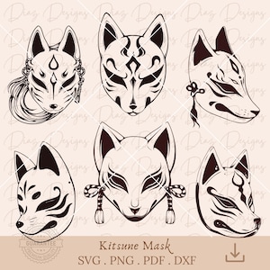 Japanse vos masker kitsune svg, kitsune yokai clipart, yokai masker svg, Japanse masker tatoeage, kitsune snijbestand, kitsune cricut
